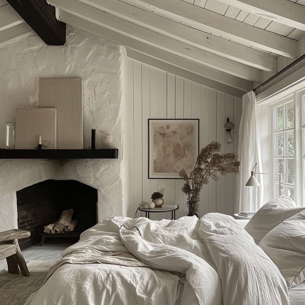 Inviting farmhouse bedroom with a plush bed, layered rugs, and soft lighting