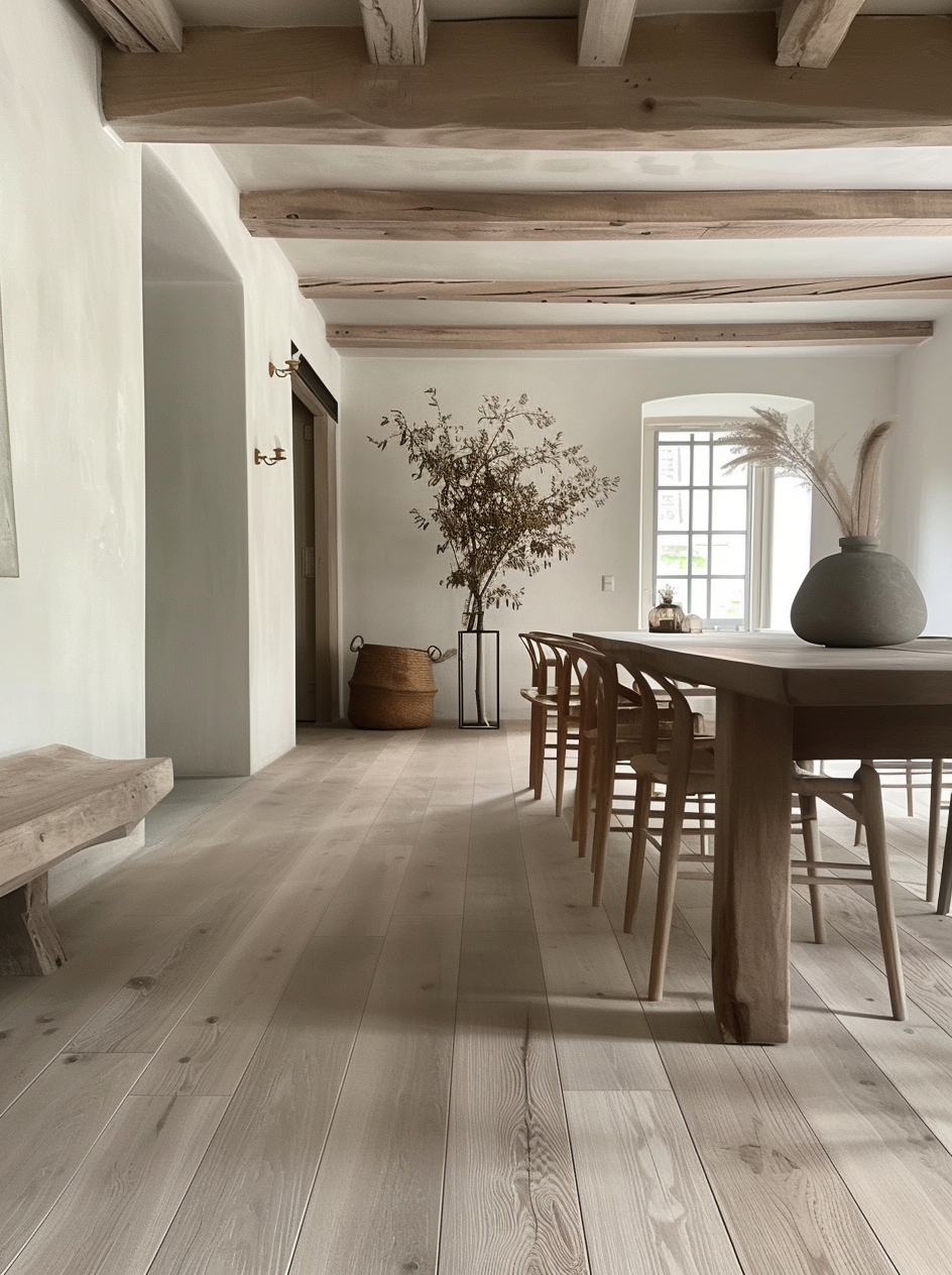 Inviting farmhouse dining room with rustic centerpieces and soft, ambient lighting