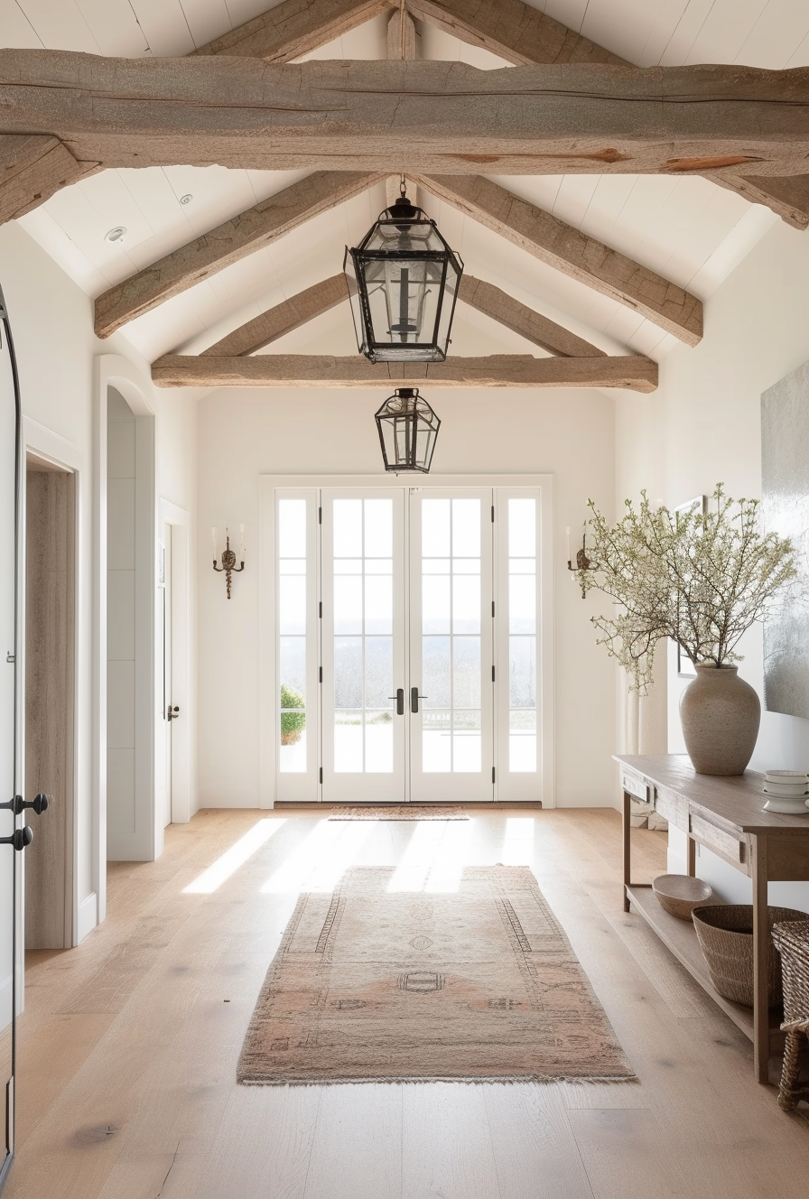 Inviting farmhouse entrance with a stylish entryway rug and farmhouse decor