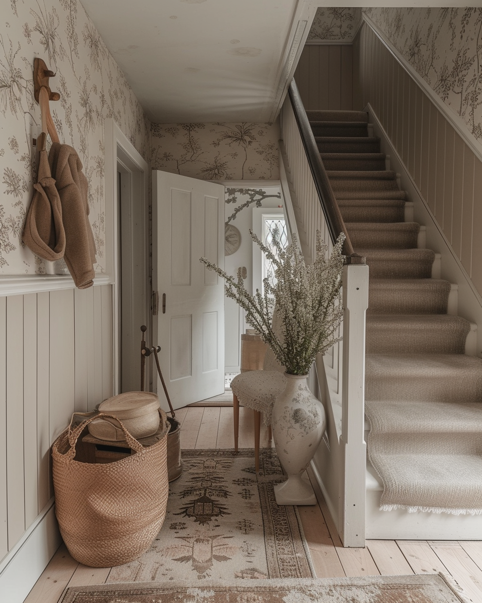 Inviting farmhouse entryway with a cozy woven runner and distressed console table