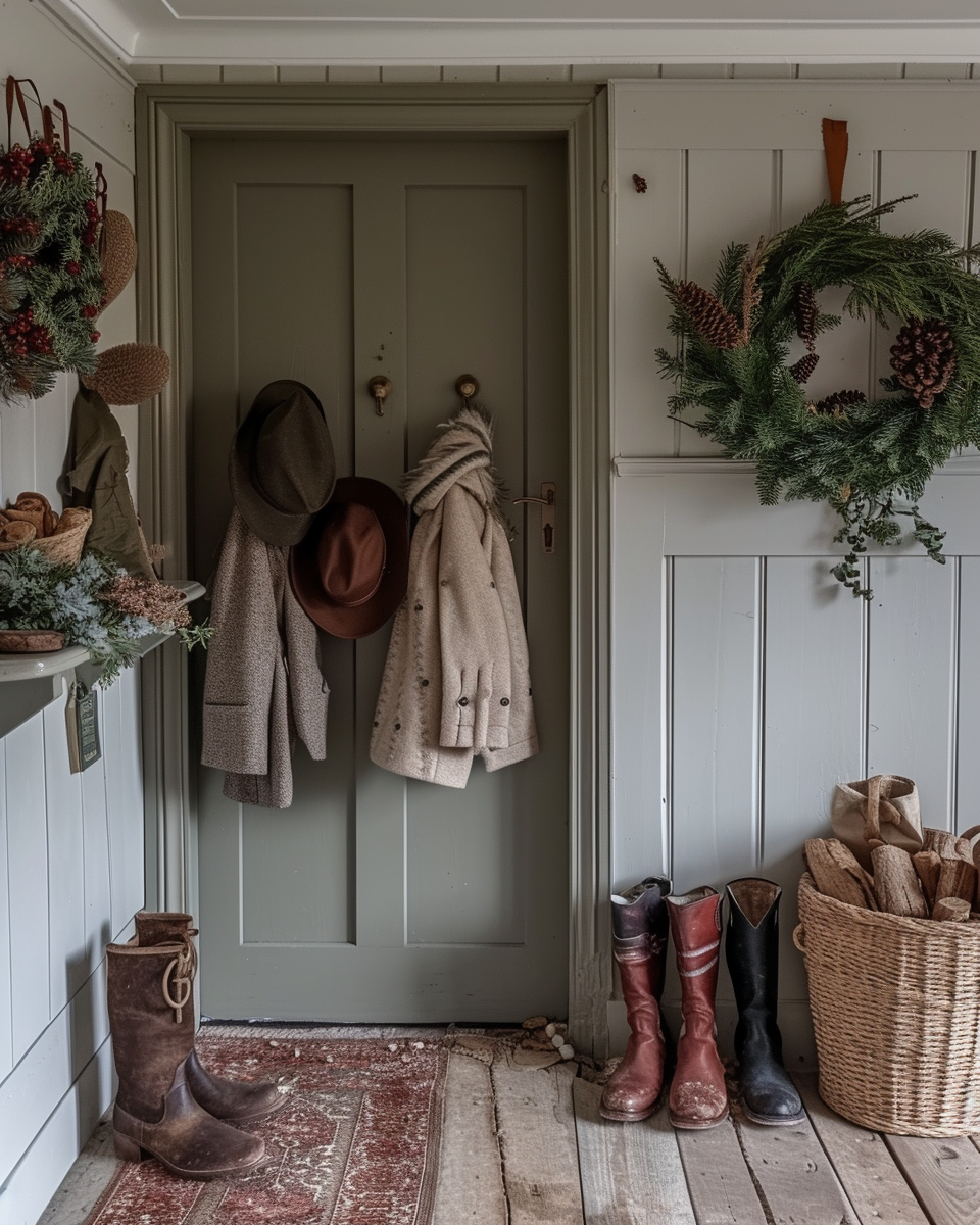 Inviting farmhouse hallway with exposed ceiling beams and wall-mounted coat racks