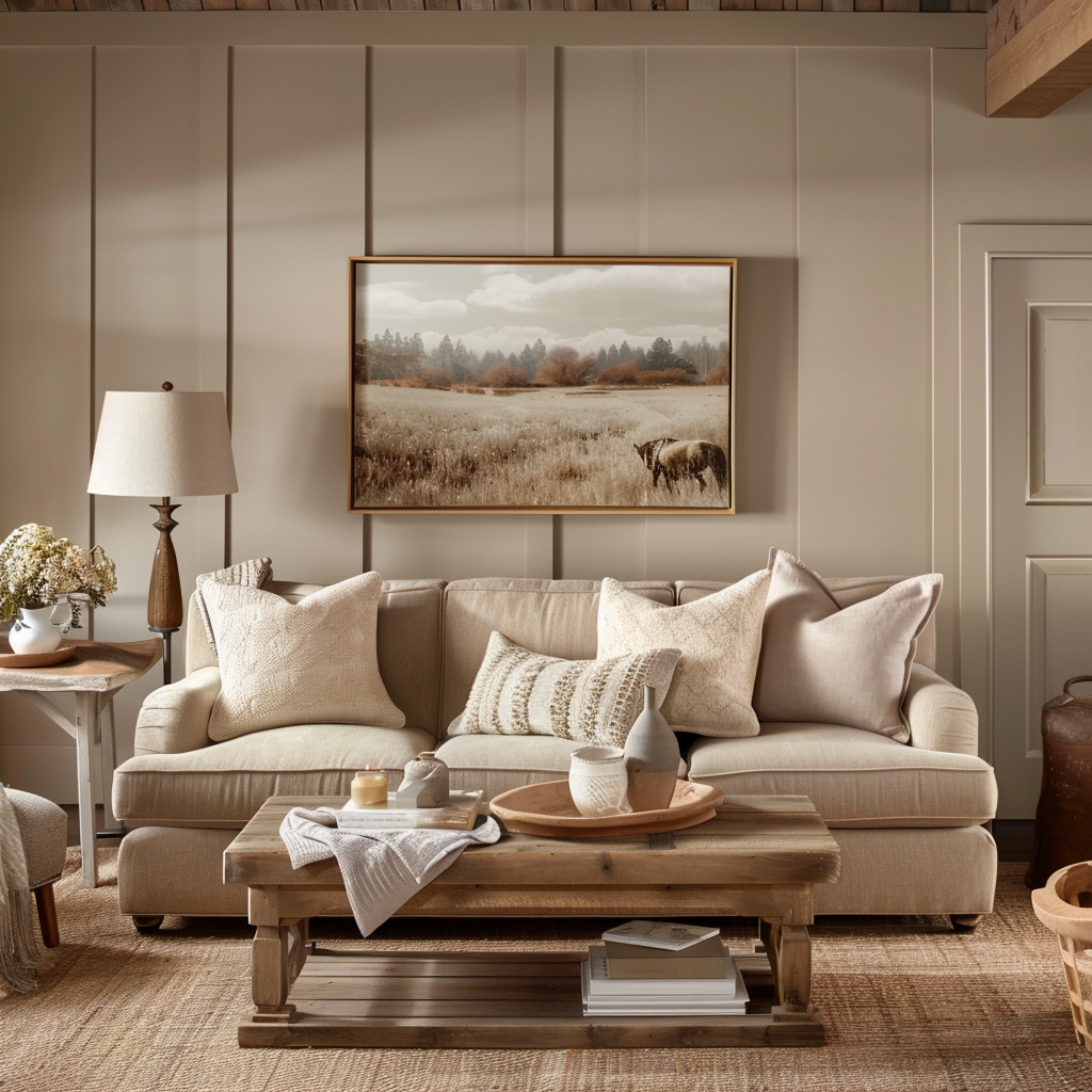 Inviting living room with walls in warm beige and taupe furnishings