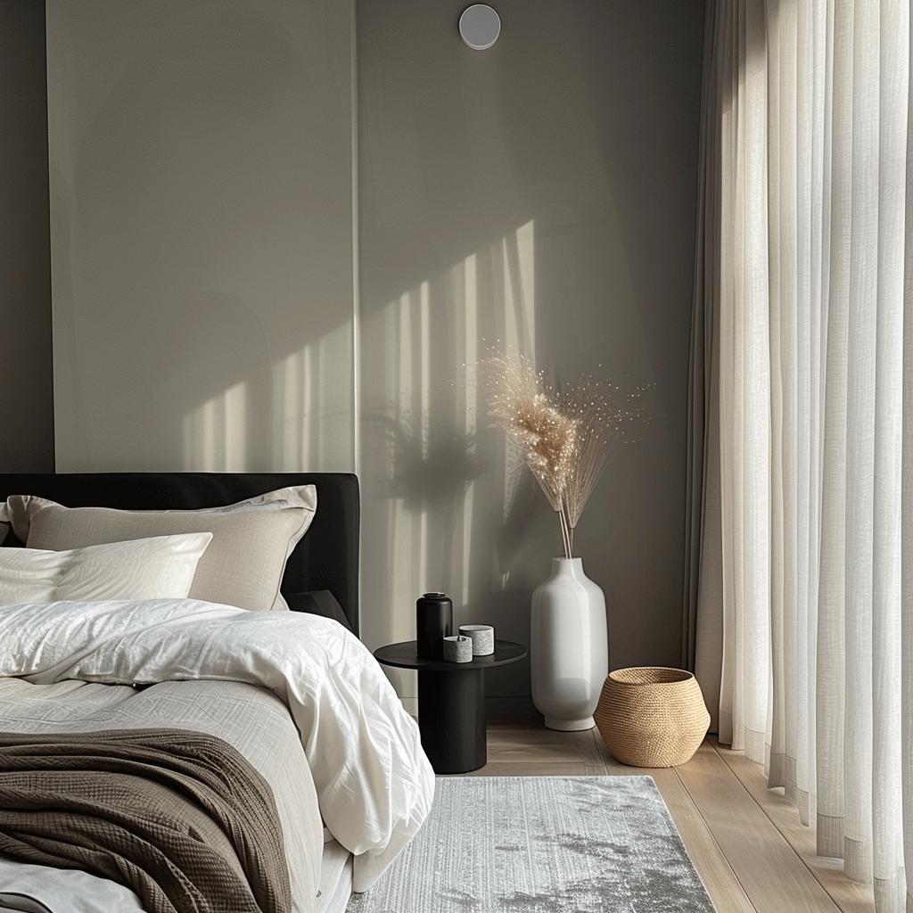 Inviting modern bedroom designed for relaxation with soundproofing natural aromas and a minimalist aesthetic