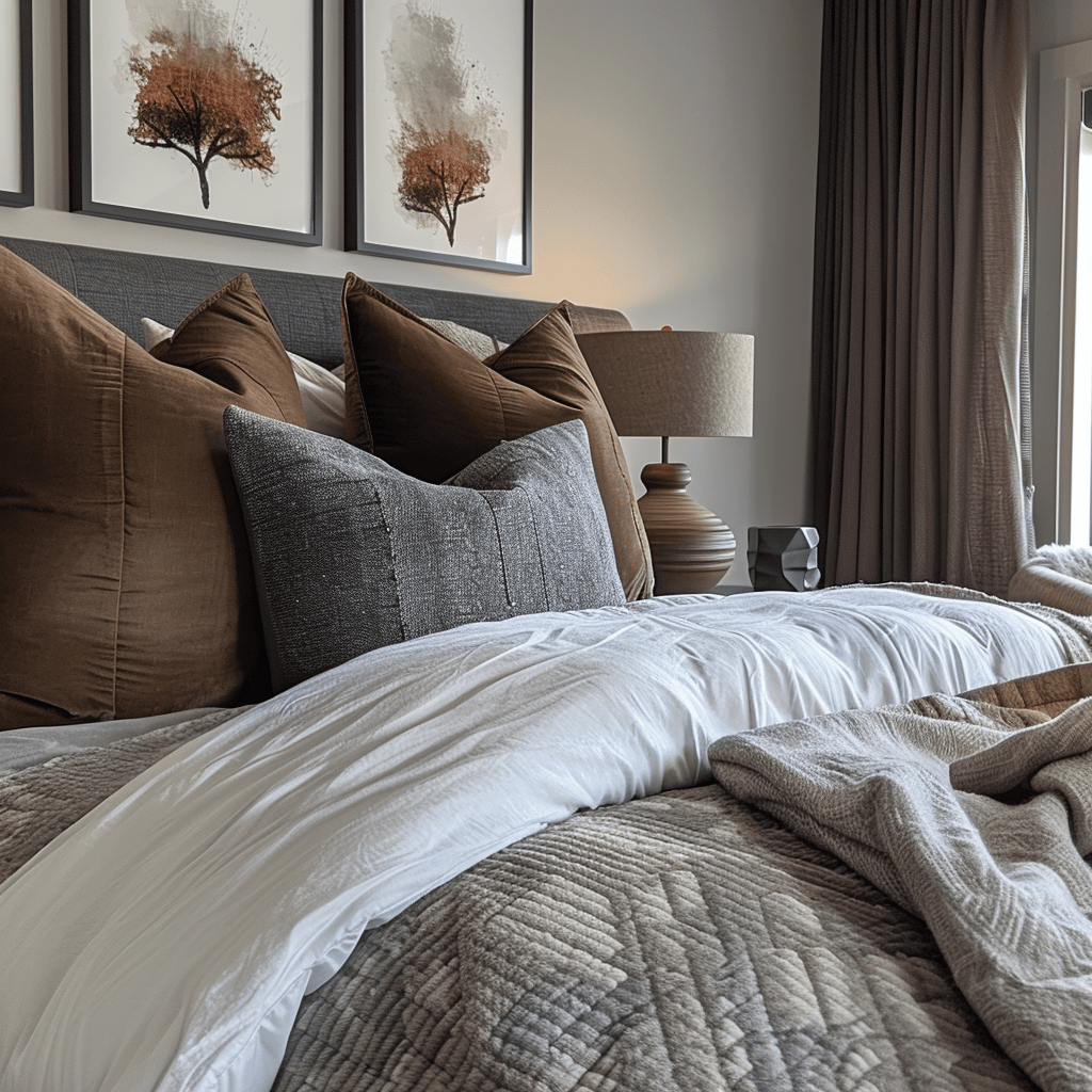 Inviting modern bedroom with a focus on incorporating plush and stylish decorative pillows and throws for a cozy and luxurious feel