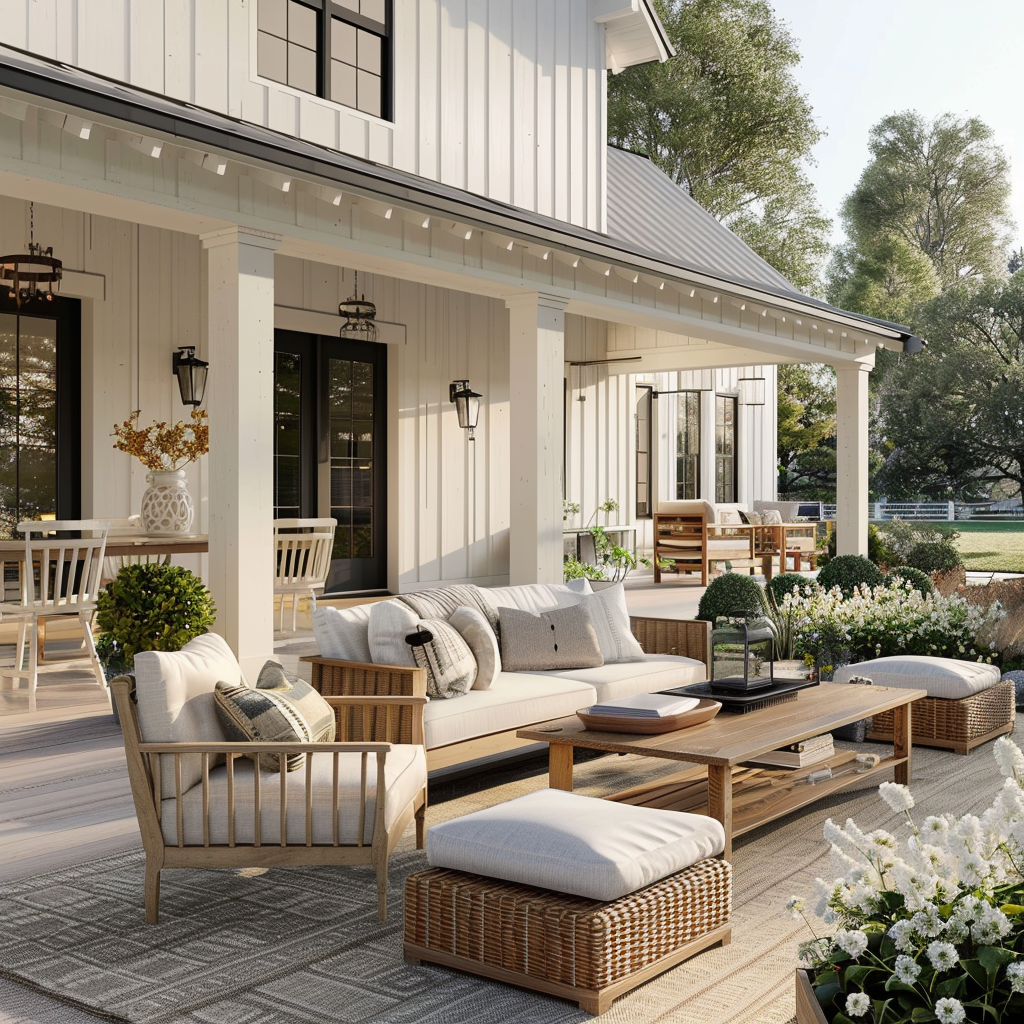 Inviting outdoor space designed in harmony with the farmhouse's interior, featuring natural materials