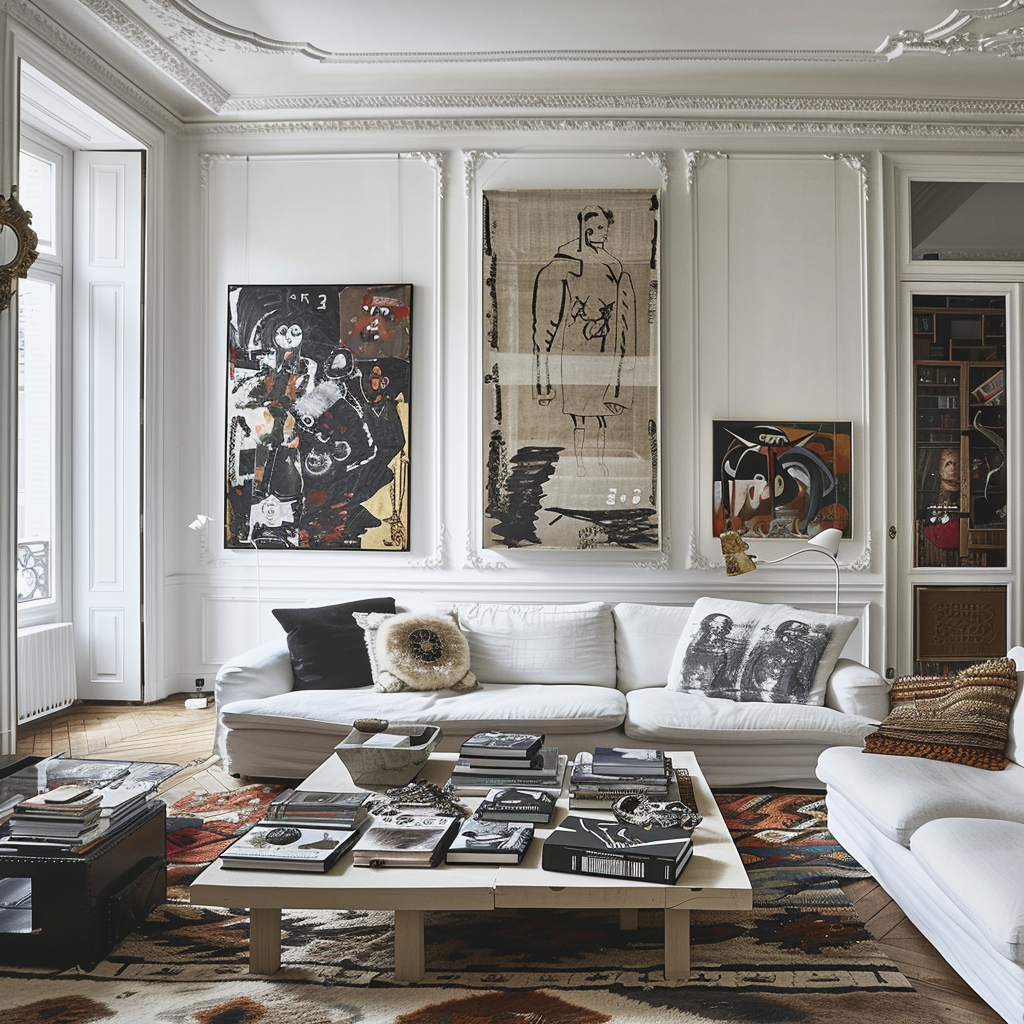 Inviting sitting room where each piece of art tells a story, complemented by comfortable seating and warm lighting