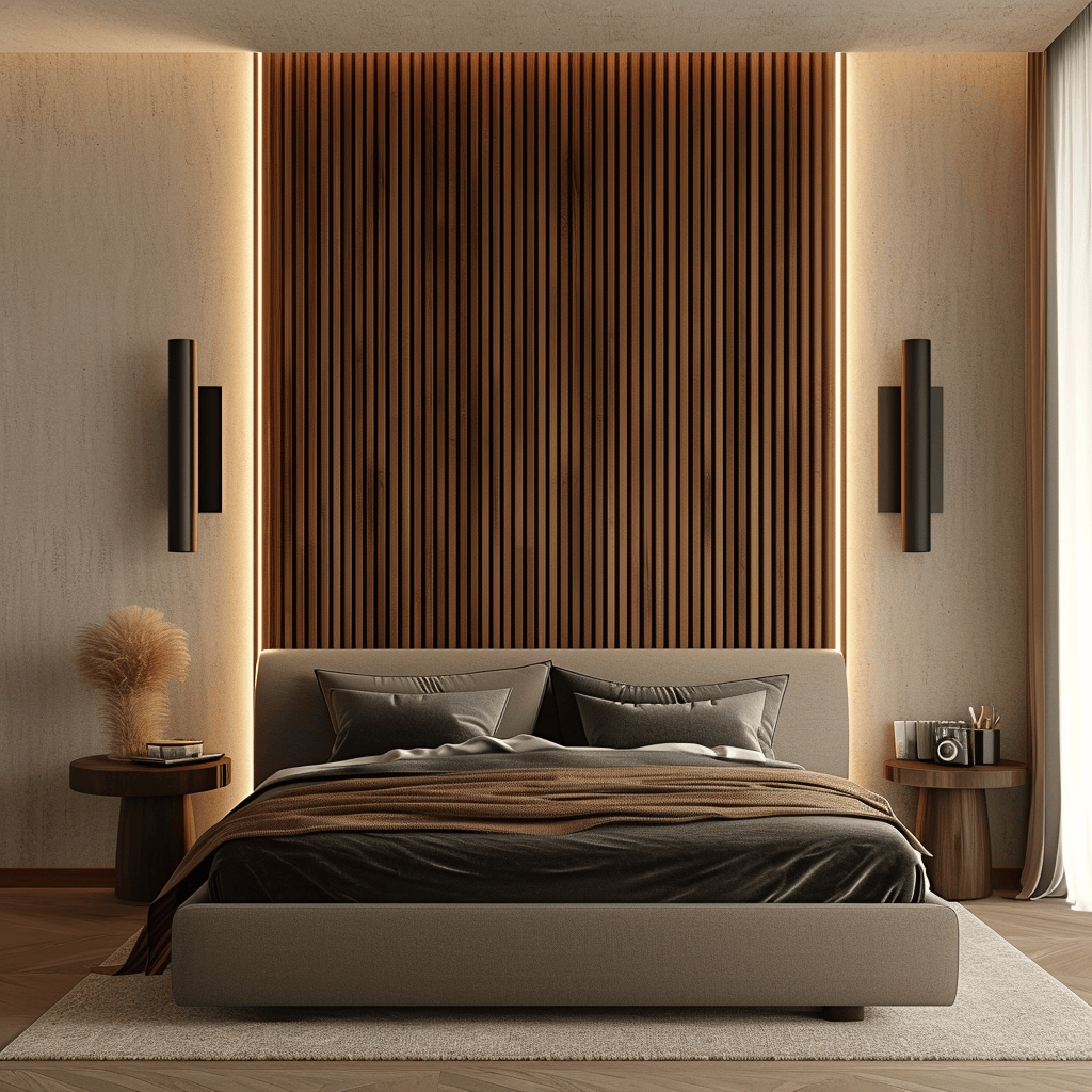 Japandi bedroom featuring a harmonious mix of soft textures and muted colors