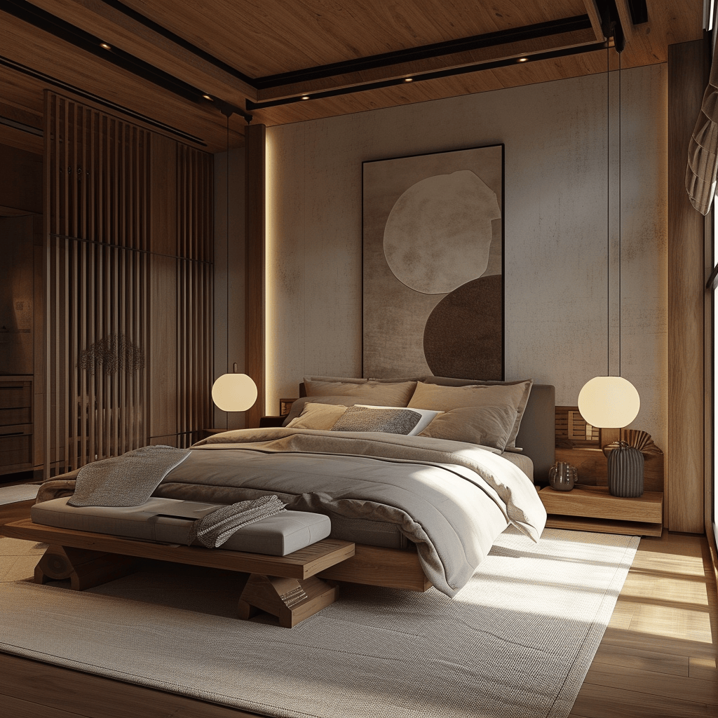Japandi bedroom that combines rustic simplicity with contemporary touches