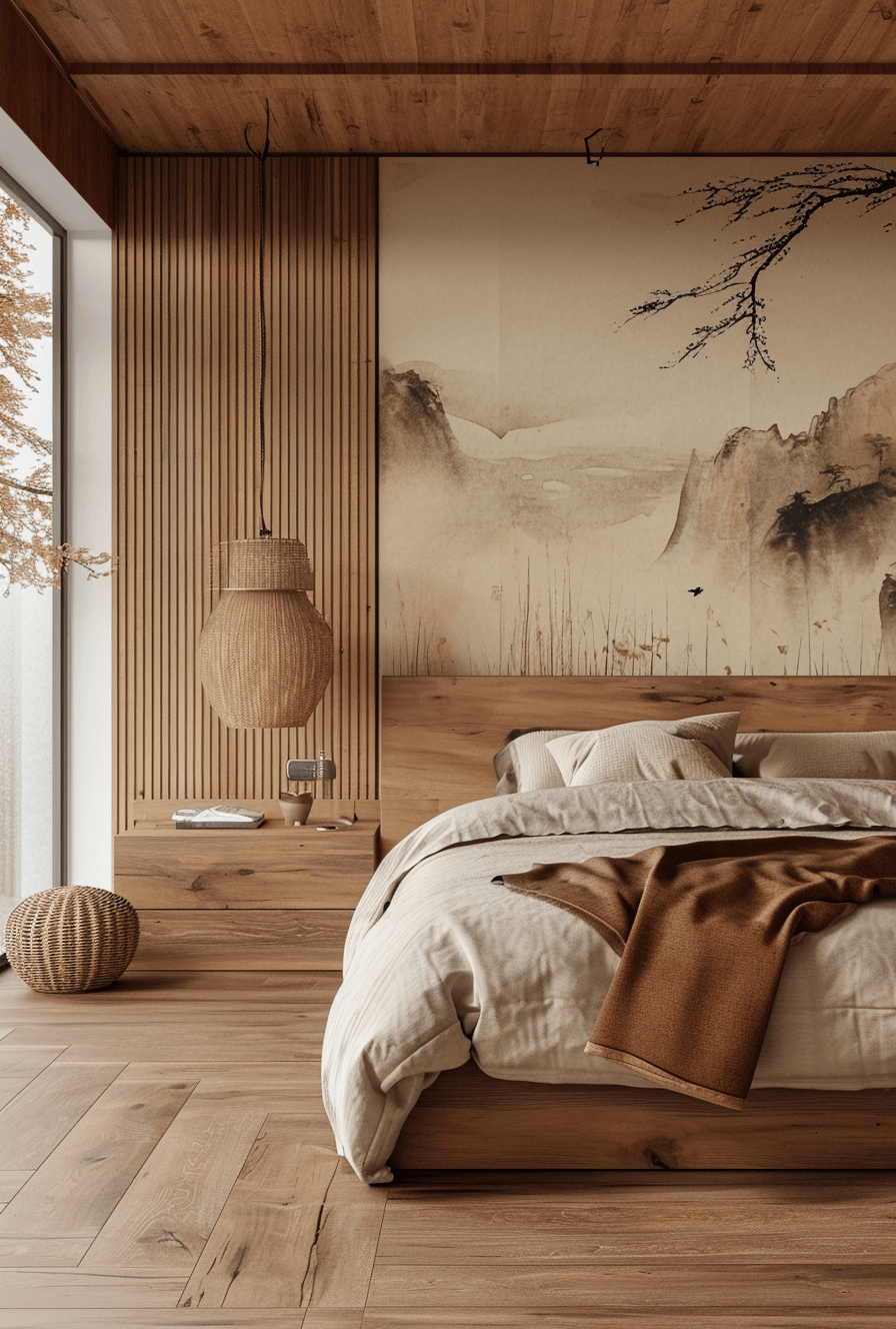 Japandi bedroom that embodies a fusion of Scandinavian and Japanese design principles