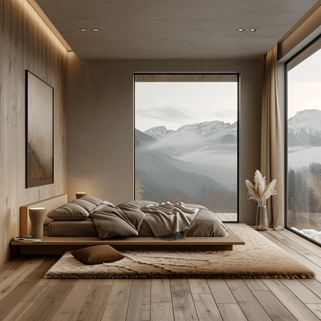 Japandi bedroom with a simple yet sophisticated design and calming colors