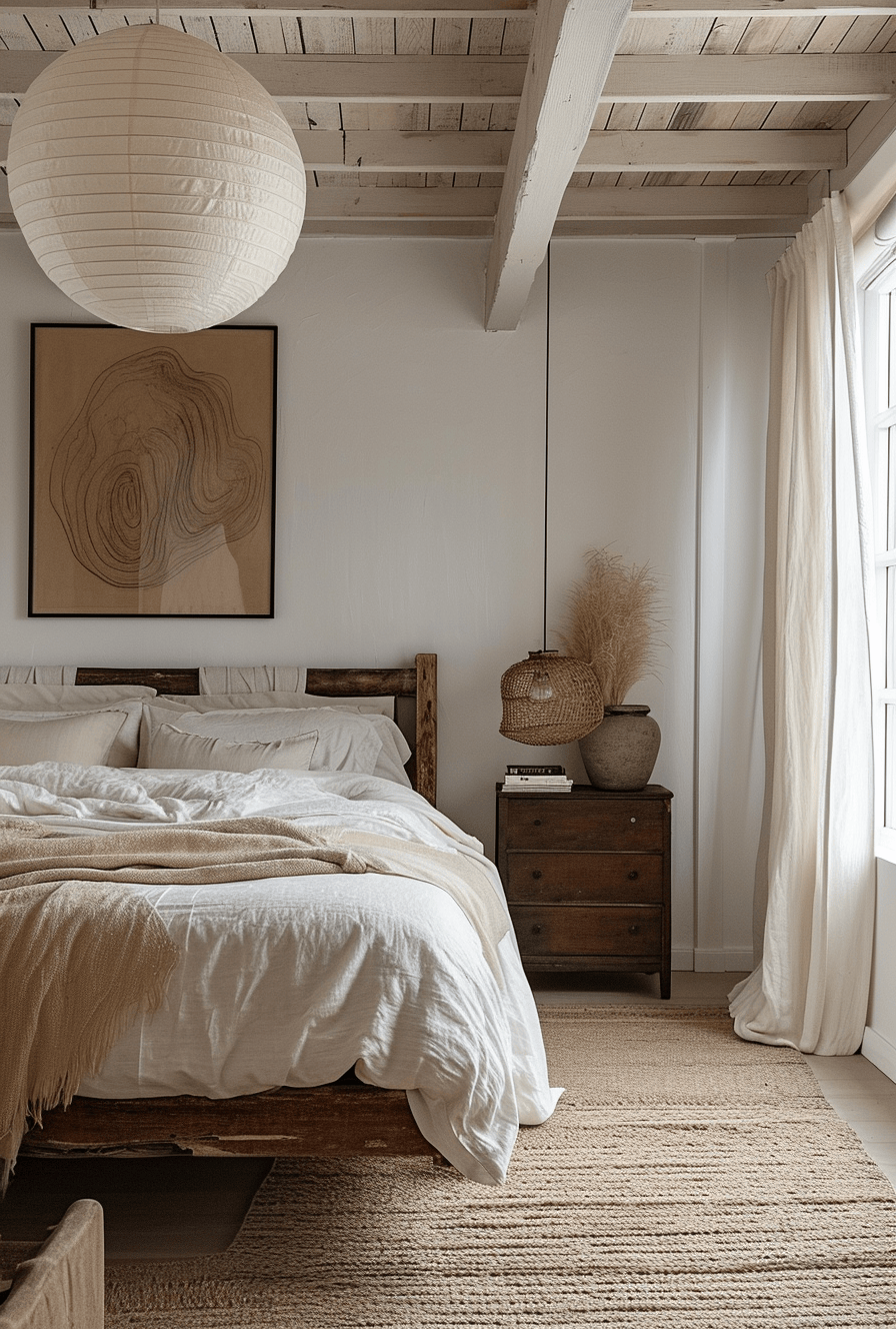 Japandi bedroom with an elegant mix of natural materials and clean, sleek lines