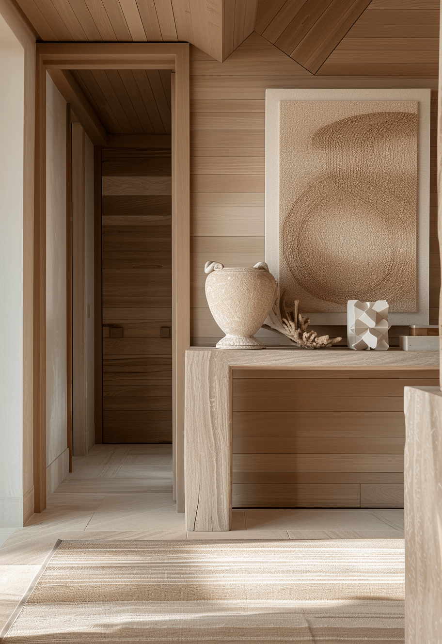 Japandi entrance with a stylish table and minimalist decorative elements