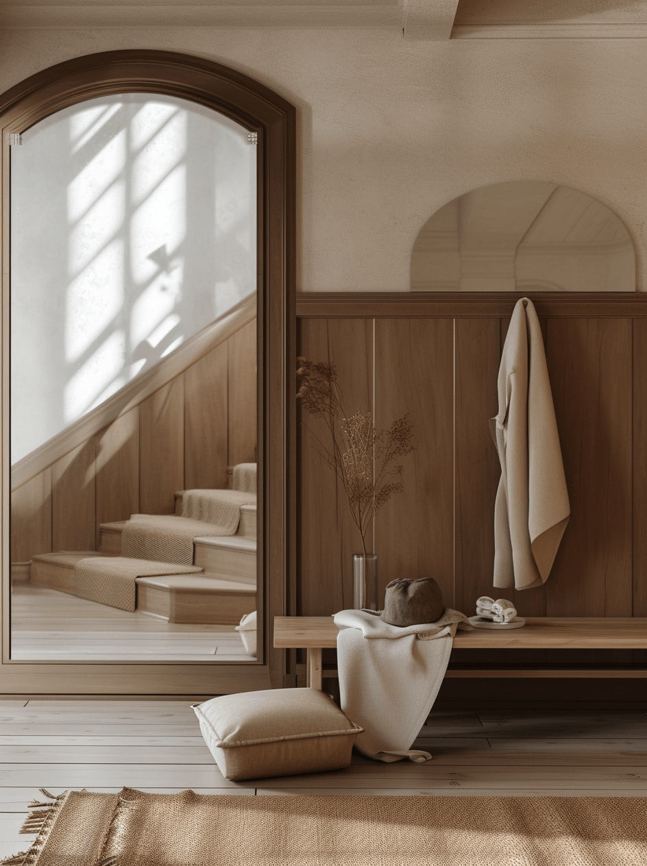 Japandi entryway bench that combines comfort with minimalist design principles