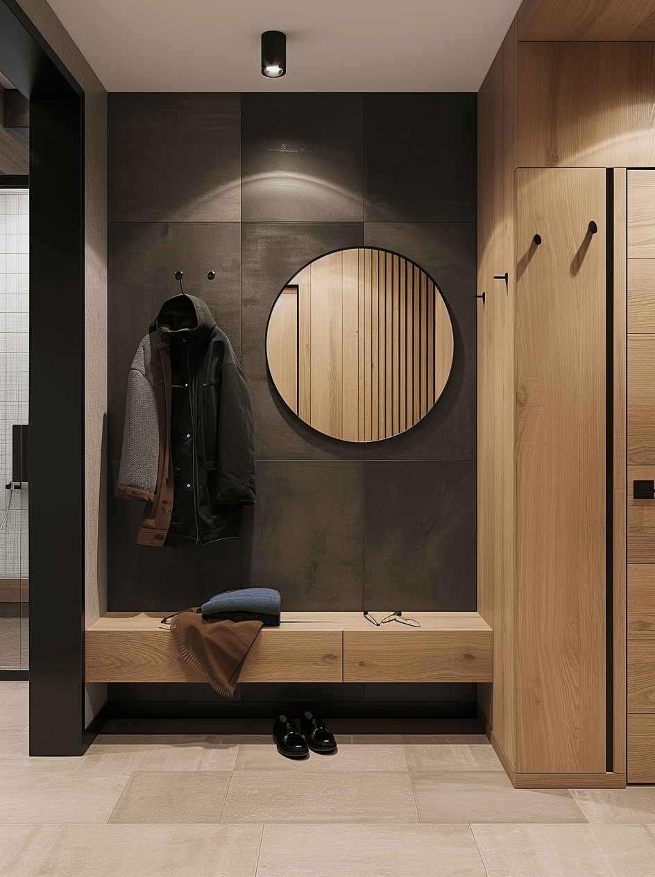 Japandi entryway decor featuring a minimalist approach with warm, earthy tones