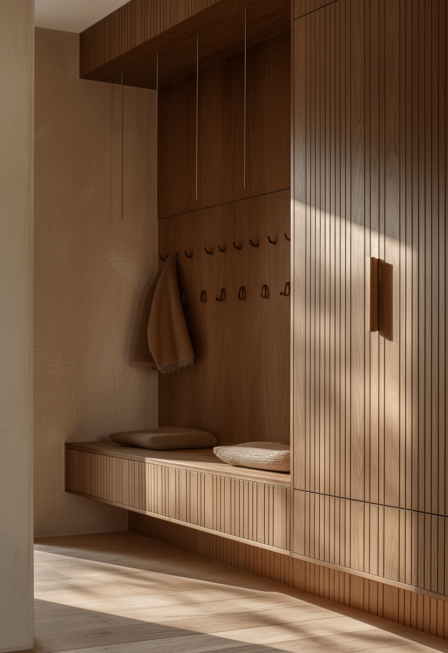 Japandi hallway decor focusing on understated elegance and natural elements