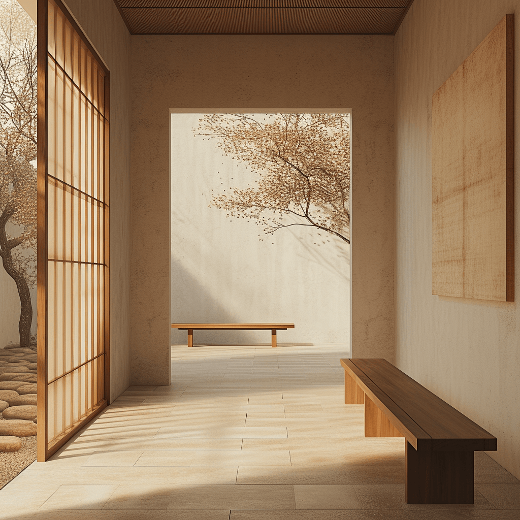 Japandi hallway featuring a minimalist design with a blend of Scandinavian functionality and Japanese aesthetics
