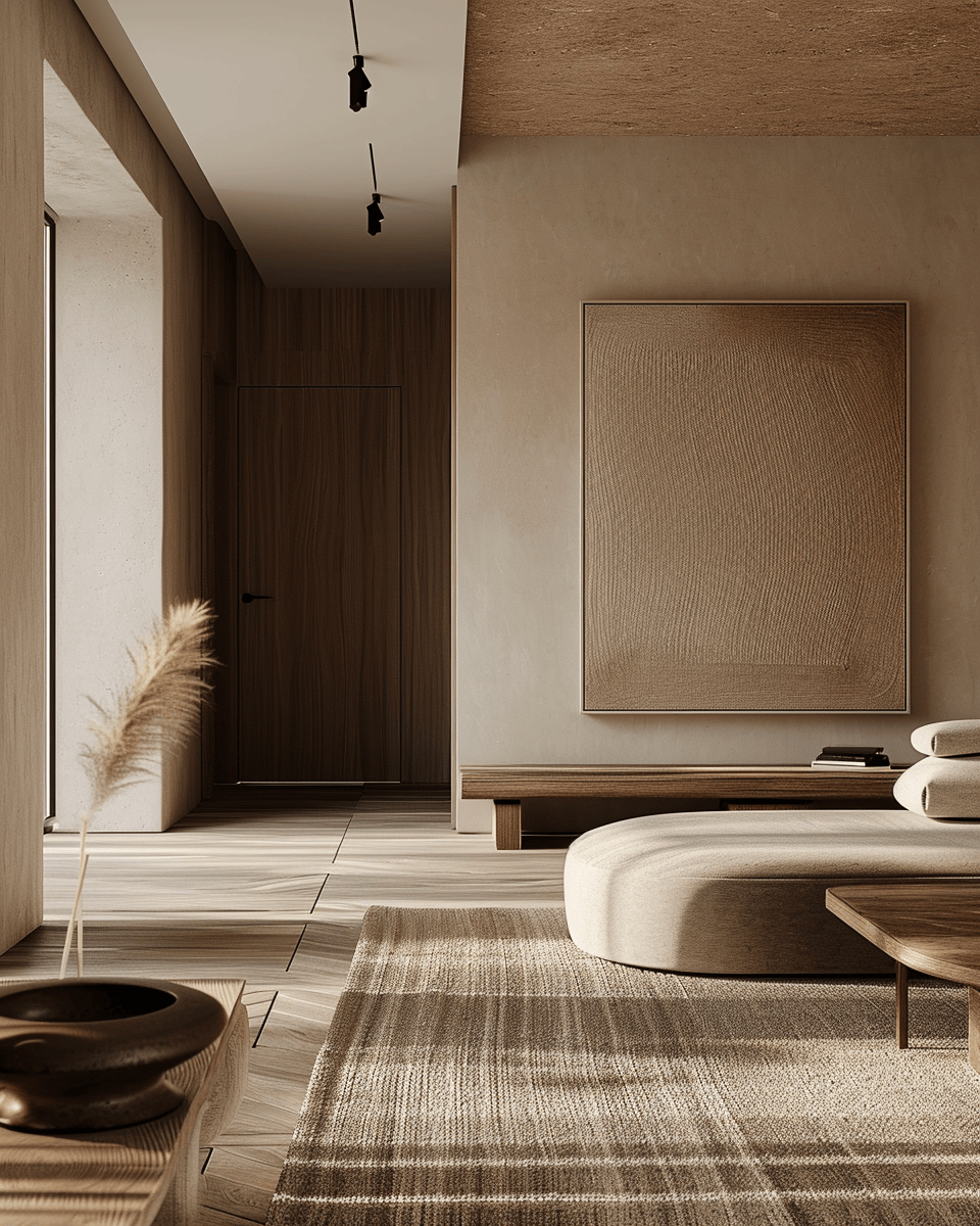 Japandi living room with subtle, soft lighting creating a tranquil atmosphere