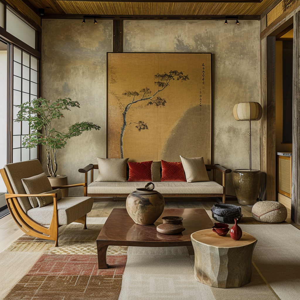 Japanese-style living room with a modern twist, featuring a geometric rug and metal accents.