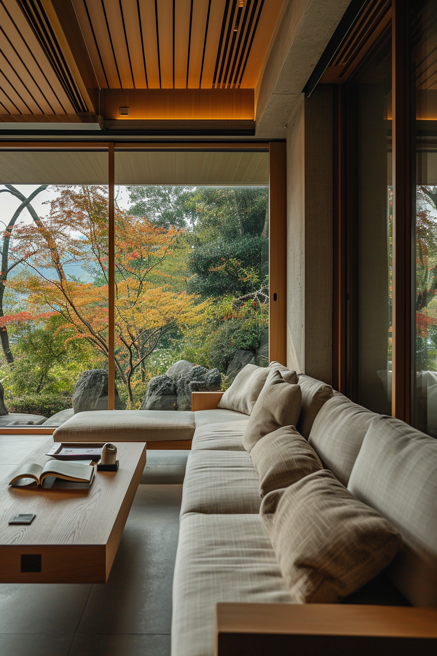 Japanese-style living room with dynamic lighting and a modular entertainment unit.