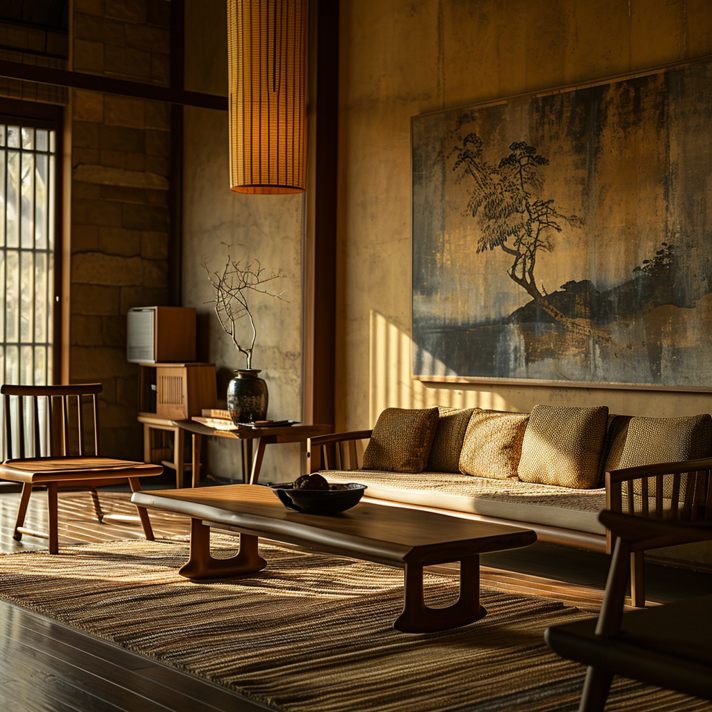 Japanese-style living room with rice paper lanterns and dark wood furniture.