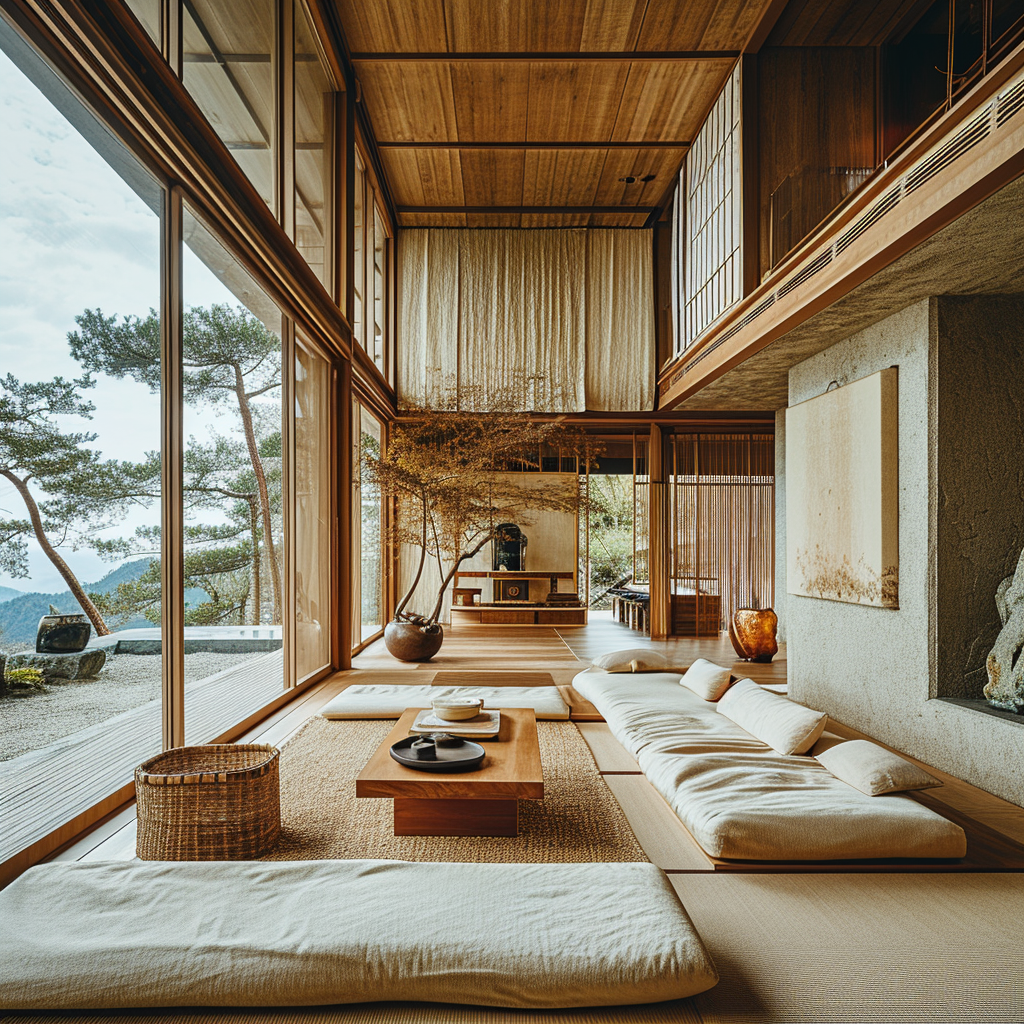 Japanese-style living room with shibori-dyed fabrics and ceramic vases.