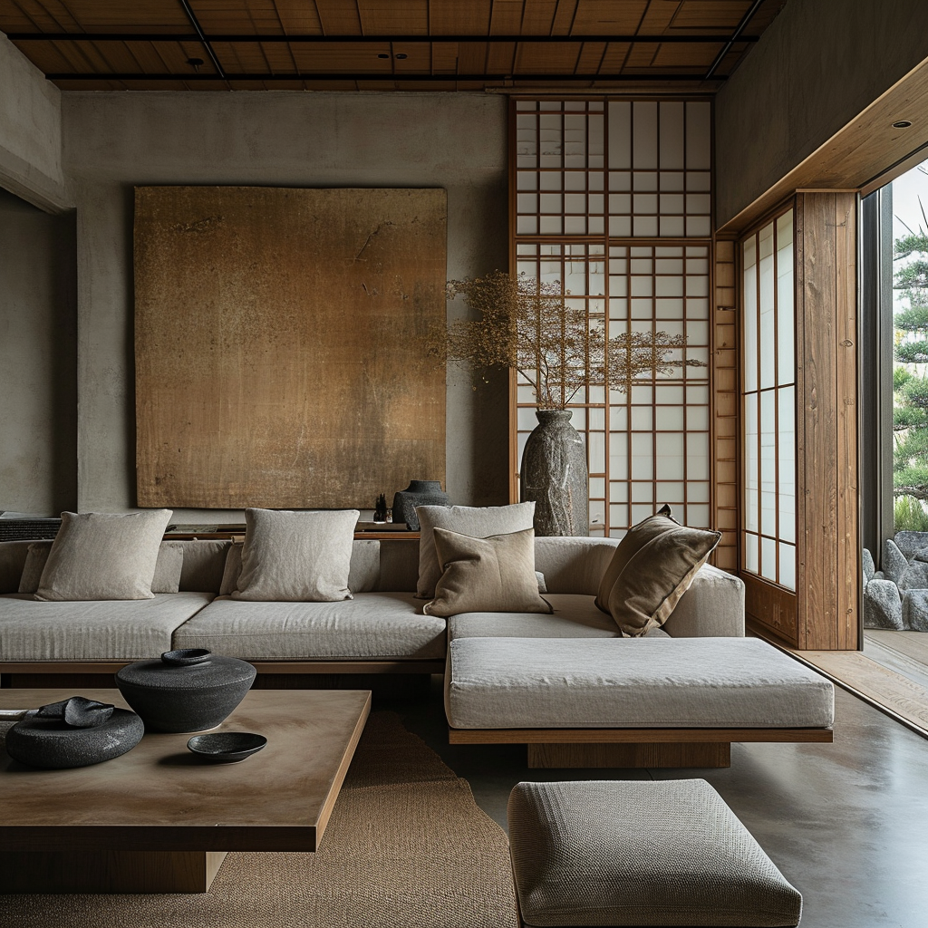 Japanese-style living room with zen garden view and floor seating arrangement.