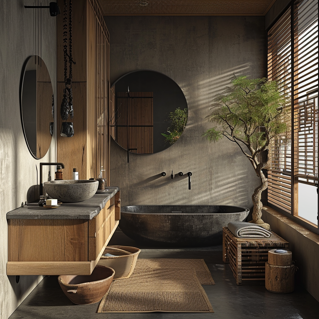 Japanese bathroom layout designed for serenity, featuring a Koi fish mural and pebble floor..png