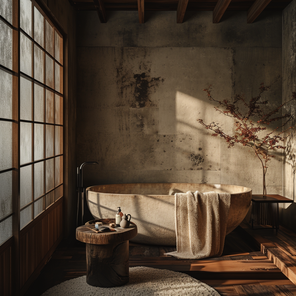 Japanese bathroom traditional design with wooden bath and stone path for a rustic look..png