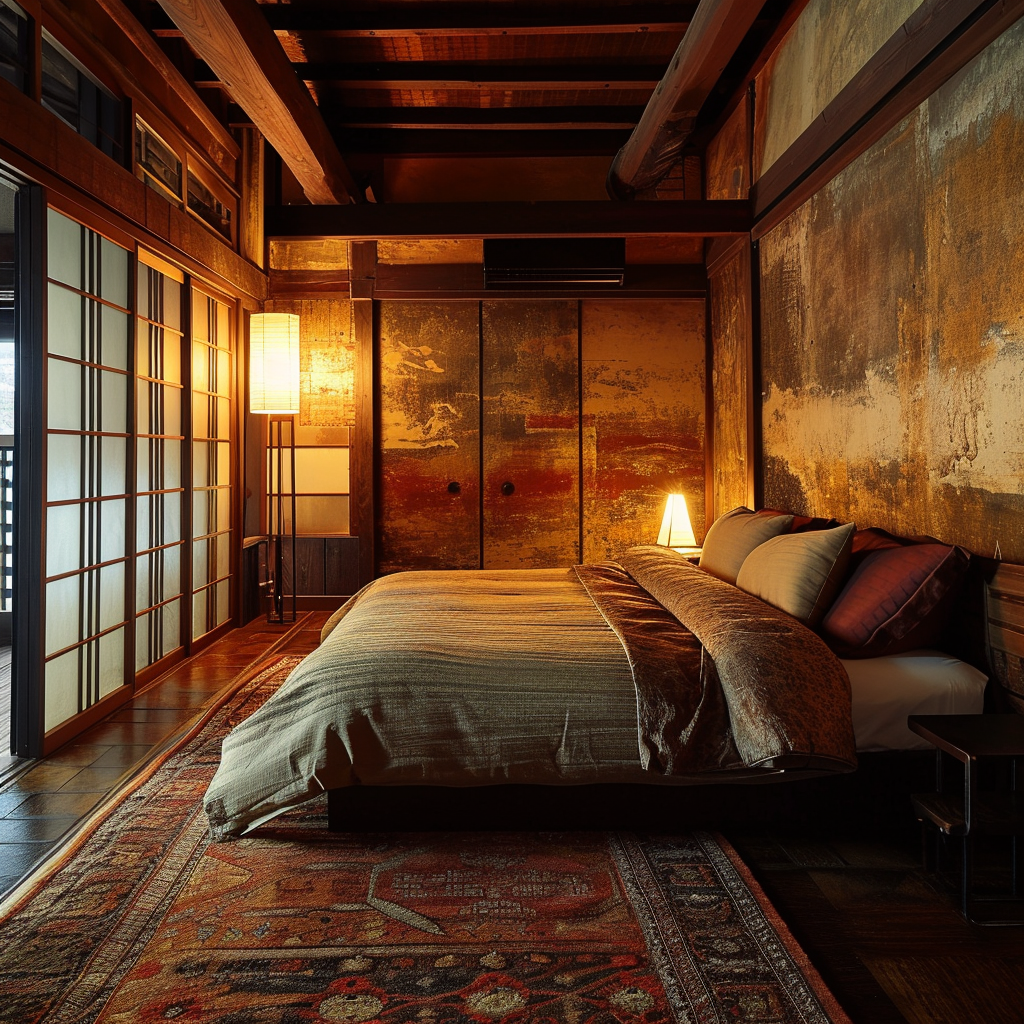 Japanese bedroom interior with a soothing palette and elegant simplicity.