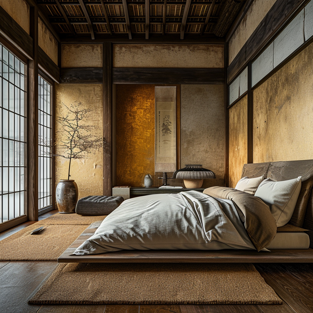 Japanese bedroom with a focus on minimalist design and clutter-free space.