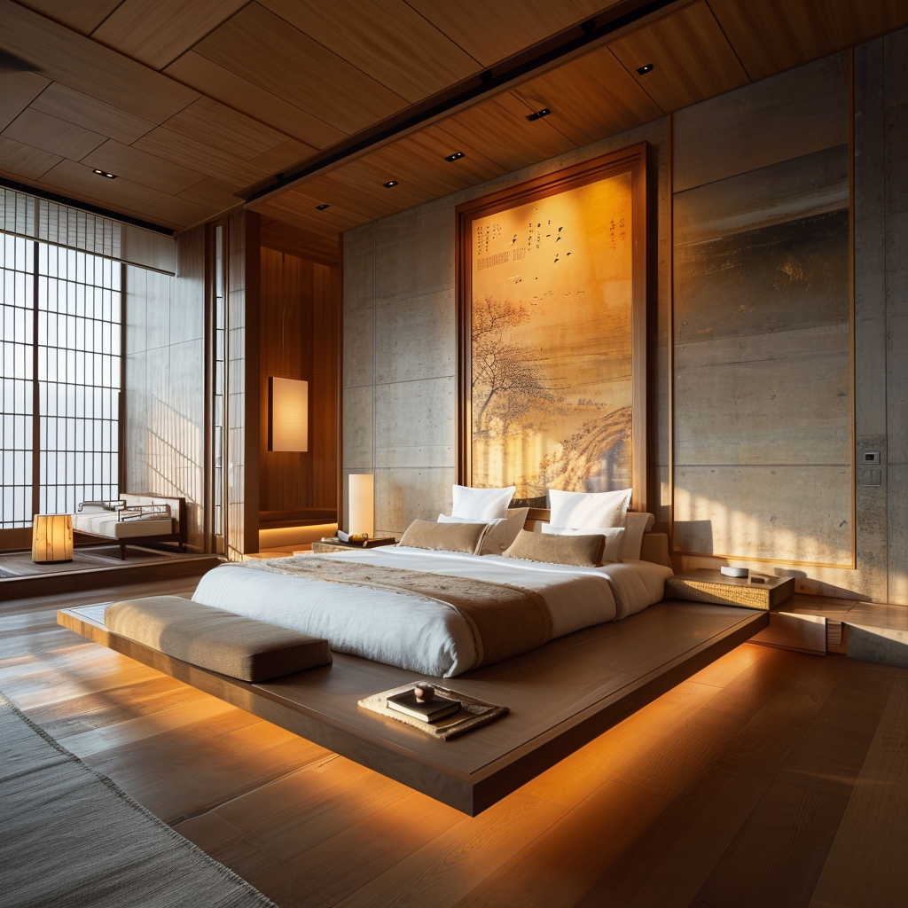 Japanese bedroom with a minimalist approach and a touch of nature.