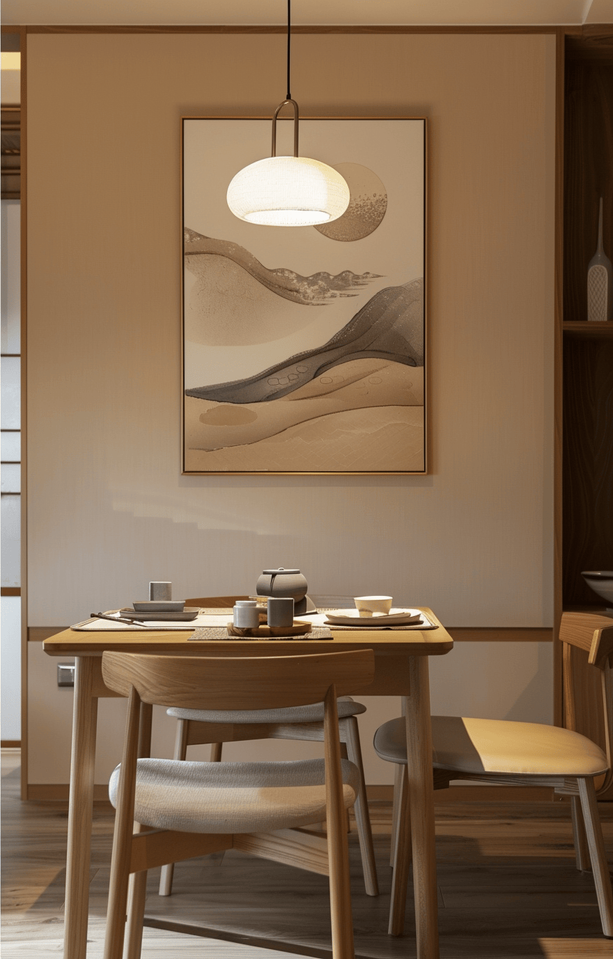 Japanese calligraphy art as a focal point in a Japandi dining room