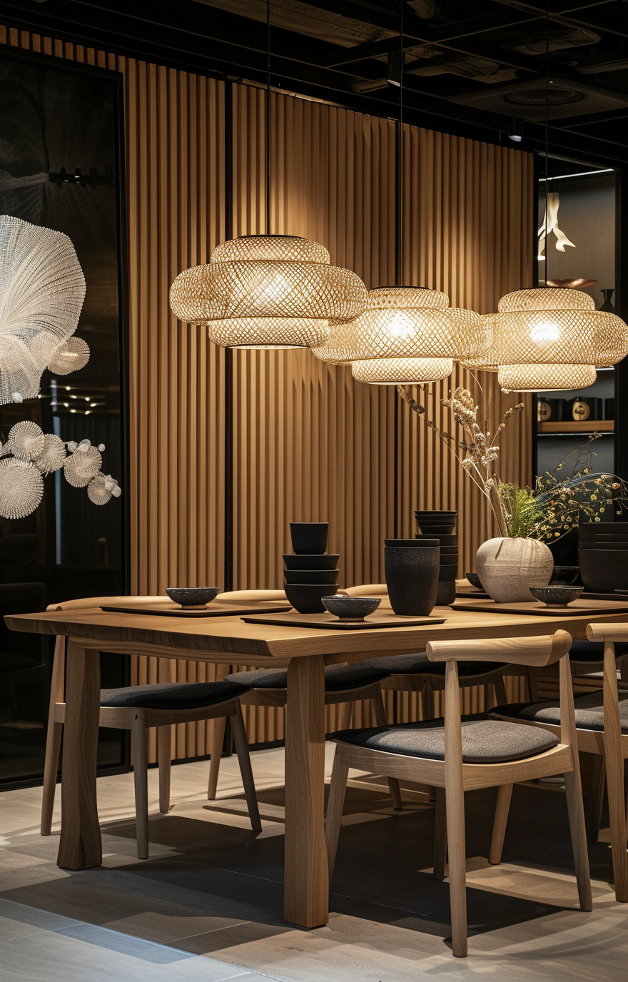 Japanese dining room combining smooth and rough textures for contrast