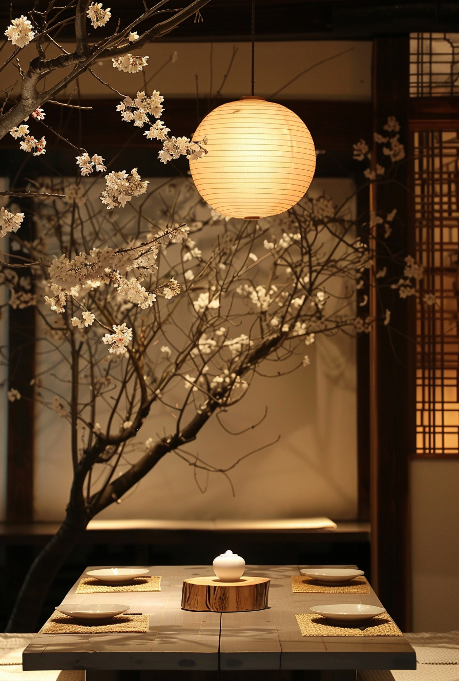 Japanese dining room decor with bonsai trees adding a touch of nature