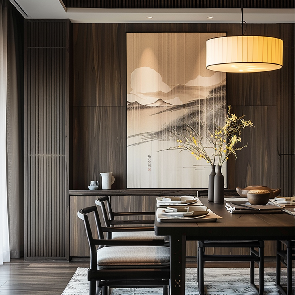 Japanese dining room decorated with modern Japanese art for a contemporary touch