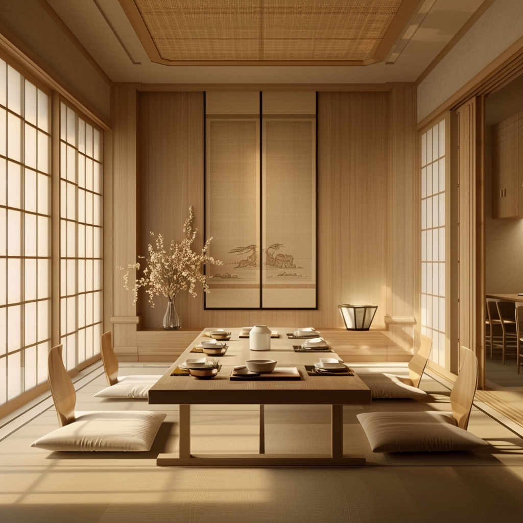 Japanese dining room designed with hidden storage to maintain a clutter-free space