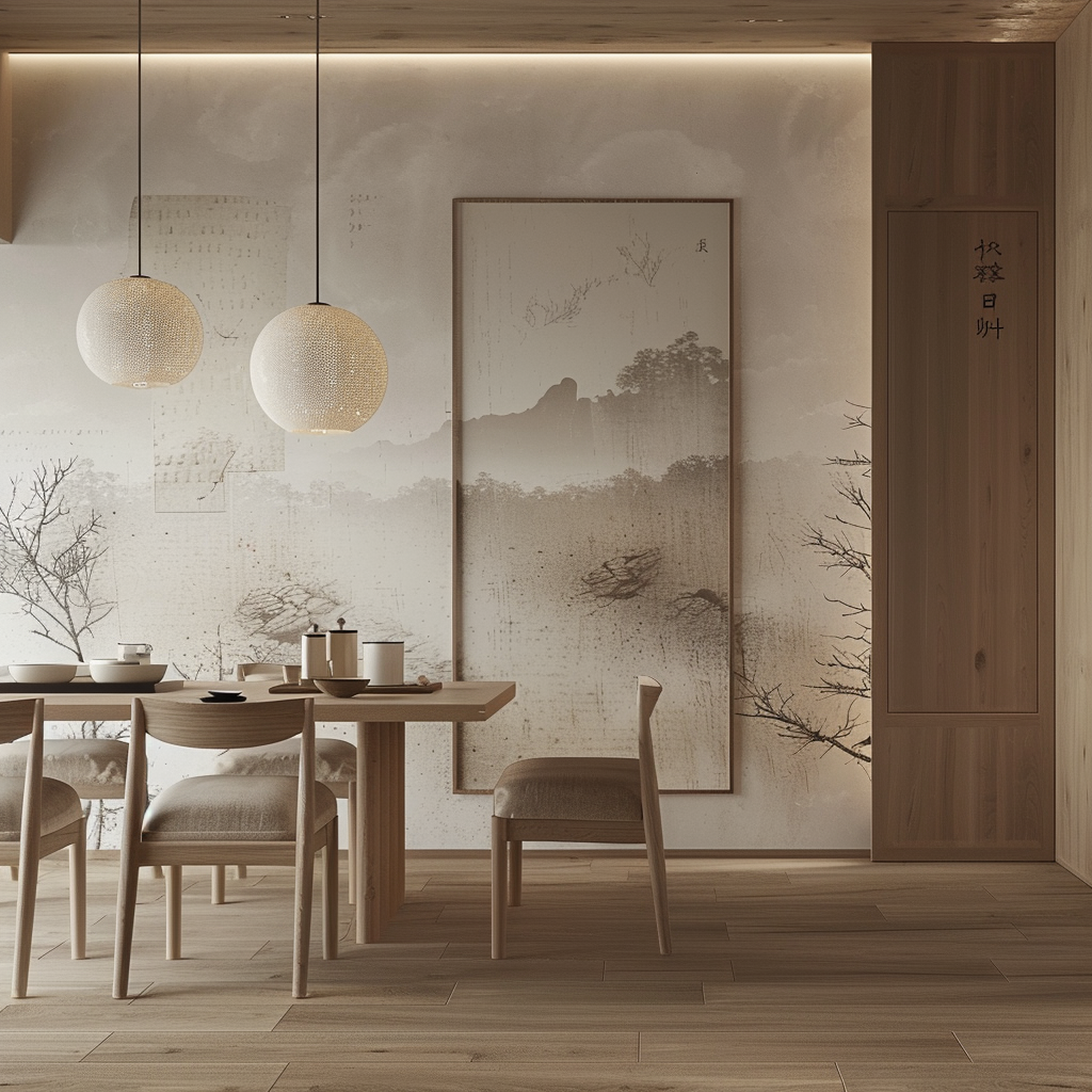 Japanese dining room featuring a kakejiku hanging scroll as a focal point