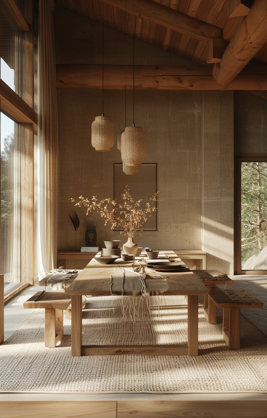 Japanese dining room highlighting architectural features like exposed wooden beams