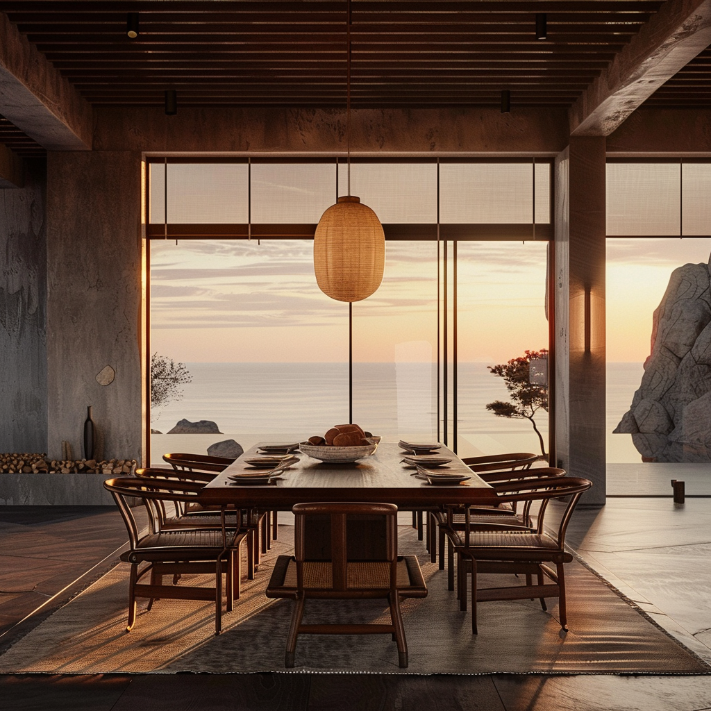Japanese dining room incorporating stone decor for natural texture