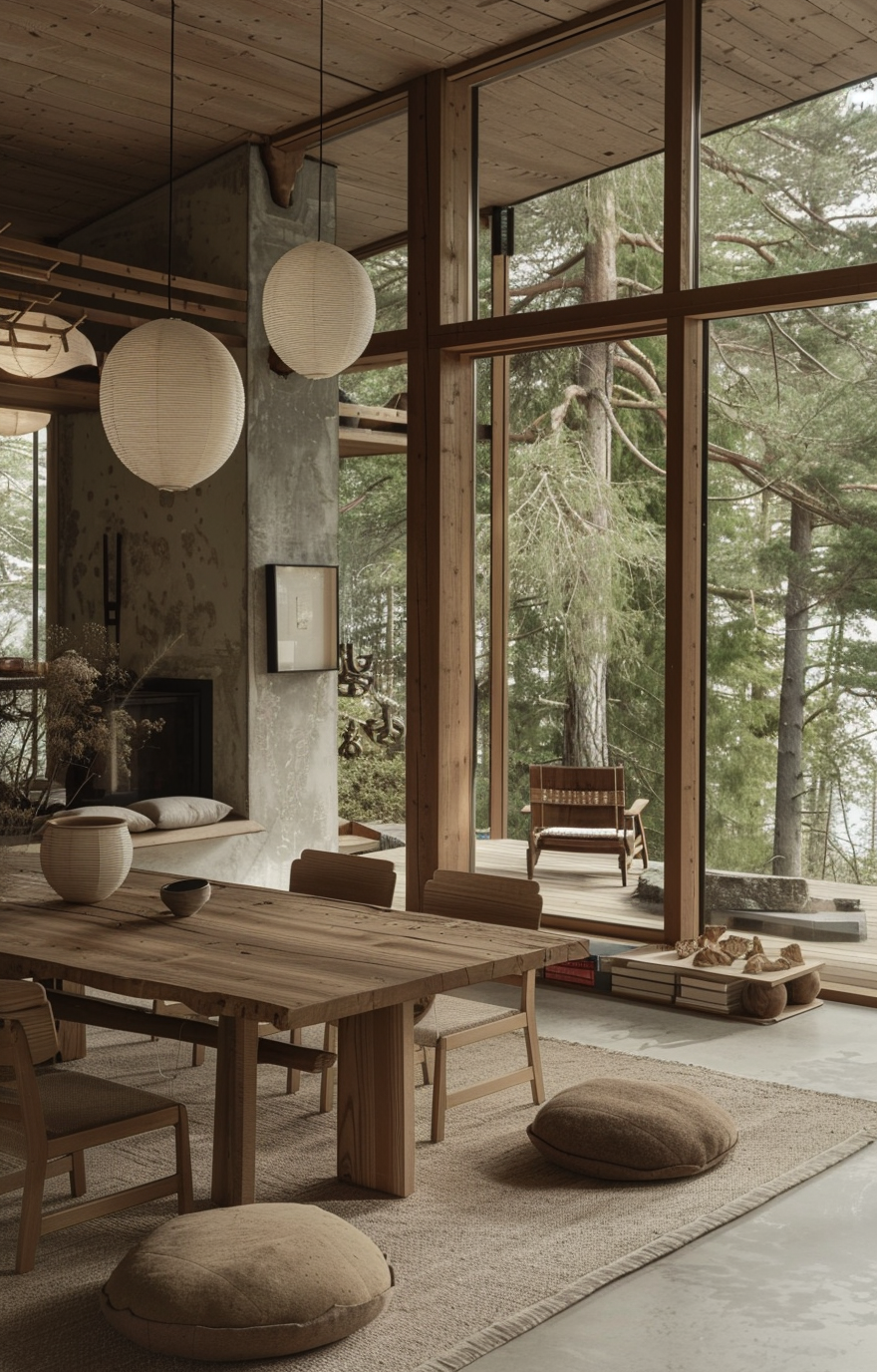 Japanese dining room setting with sake sets on a natural wood dining table