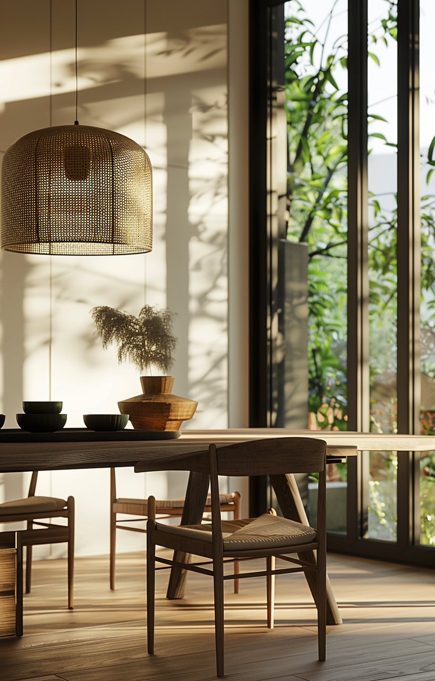 Japanese dining room showcasing a zen garden centerpiece for tranquility