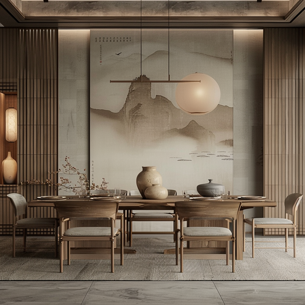 Japanese dining room with fusuma panels for decorative room separation