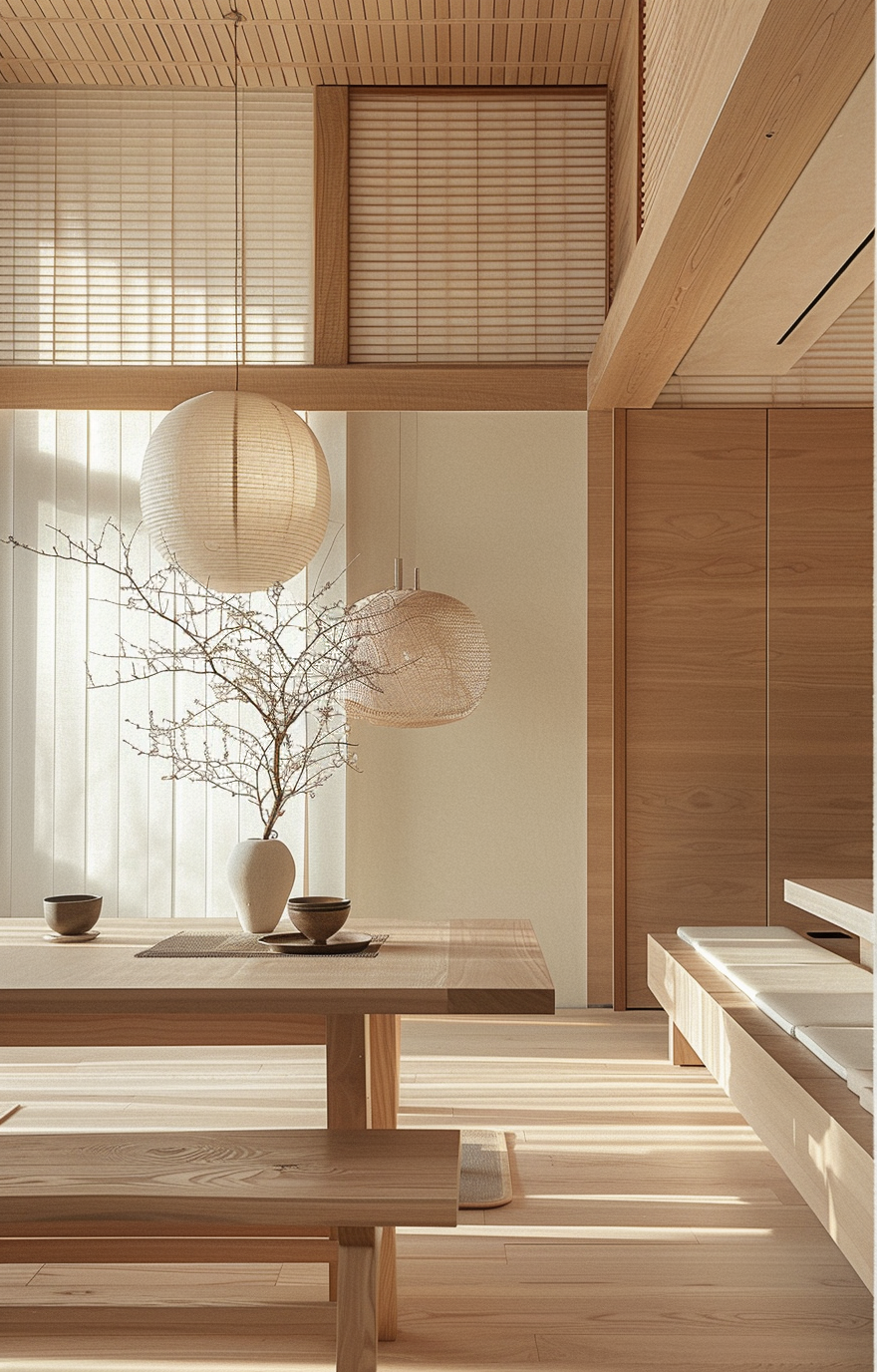 Japanese dining room with glass doors opening to a garden, blending indoor and outdoor spaces