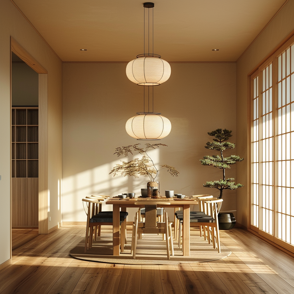 Japanese dining room with tatami flooring and low chabudai table for traditional seating