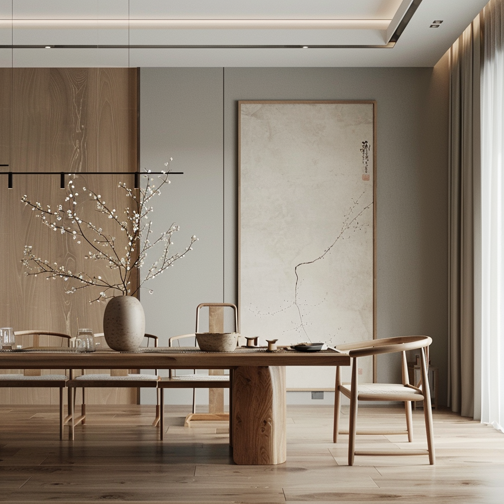 Japanese dining room with wallpapers featuring modern interpretations of traditional motifs