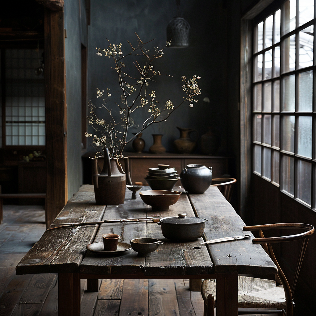 Japanese kitchen style showcasing a harmonious blend of minimalism and functionality