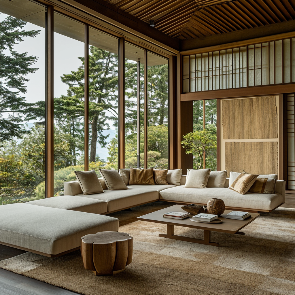 Japanese living room interior showcasing a harmonious blend of wood and stone.