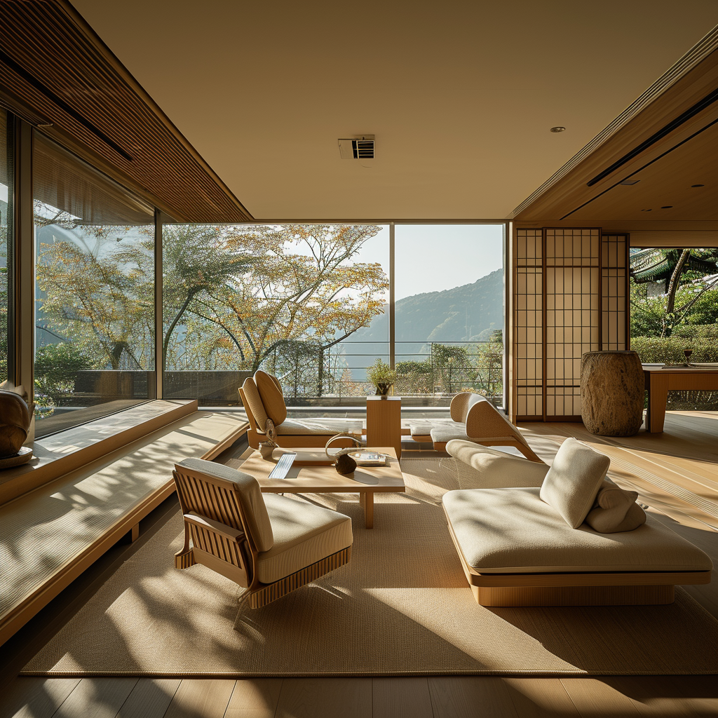 Japanese living room interior with a fusion of rustic and contemporary design.