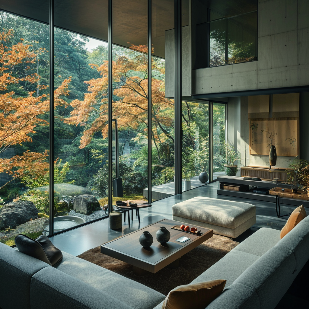 Japanese living room with an emphasis on natural light and indoor greenery.