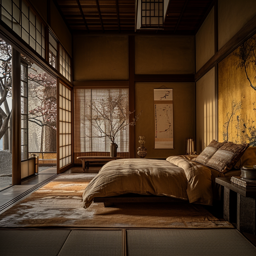 Japanese style house bedroom with bamboo details and neutral tones.